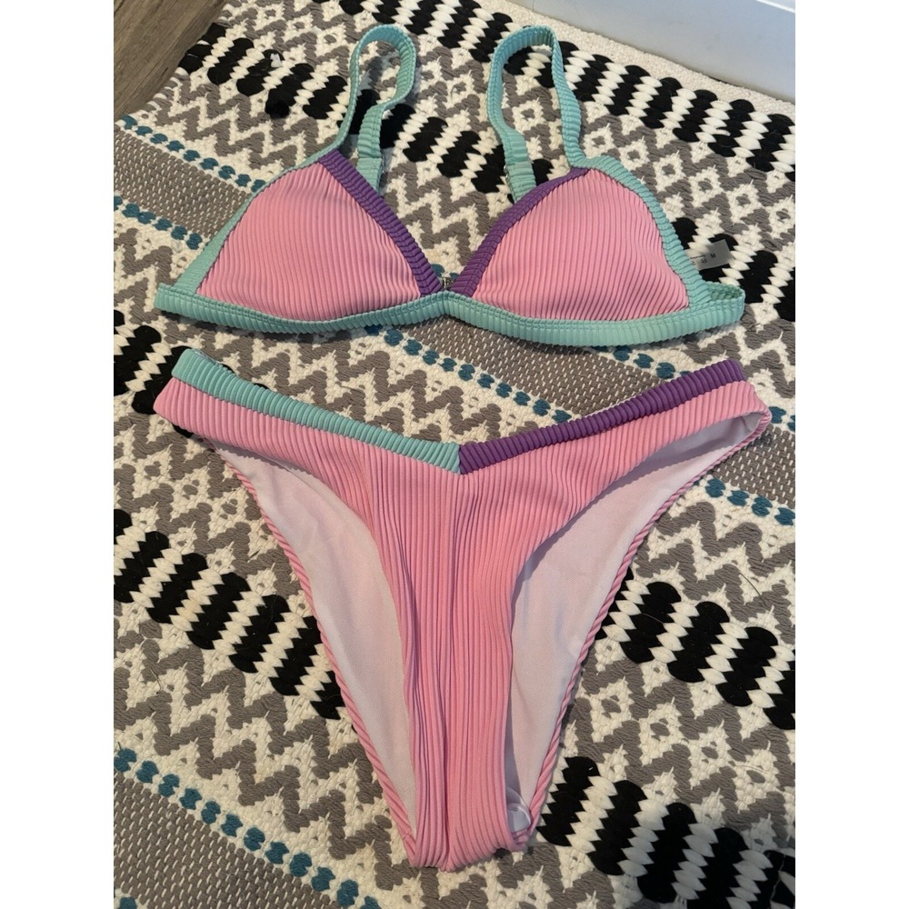 Unbranded 2 Piece Triangle Bikini Swimsuit Medium Ribbed Pink Green Purple